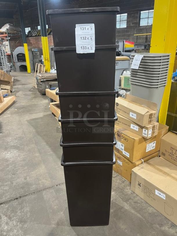 Brand new Continental Swingline Series 25BN square trash can, 25-gal capacity, commercial brown, stack of multiple bins displayed.