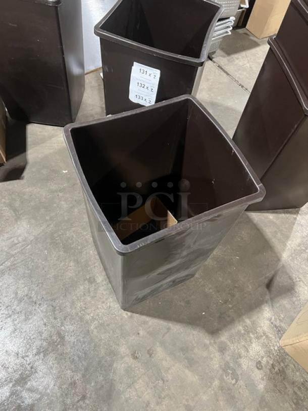 Brand new Continental Swingline Series brown square trash can, model 25BN, 25-gallon capacity, commercial grade.