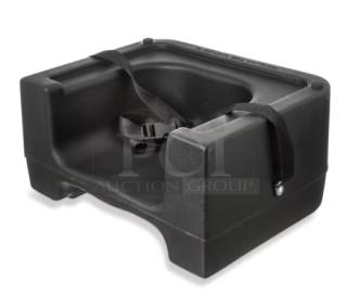 Brand new Carlisle 7114 commercial black polypropylene dual-sided booster seat with safety strap.