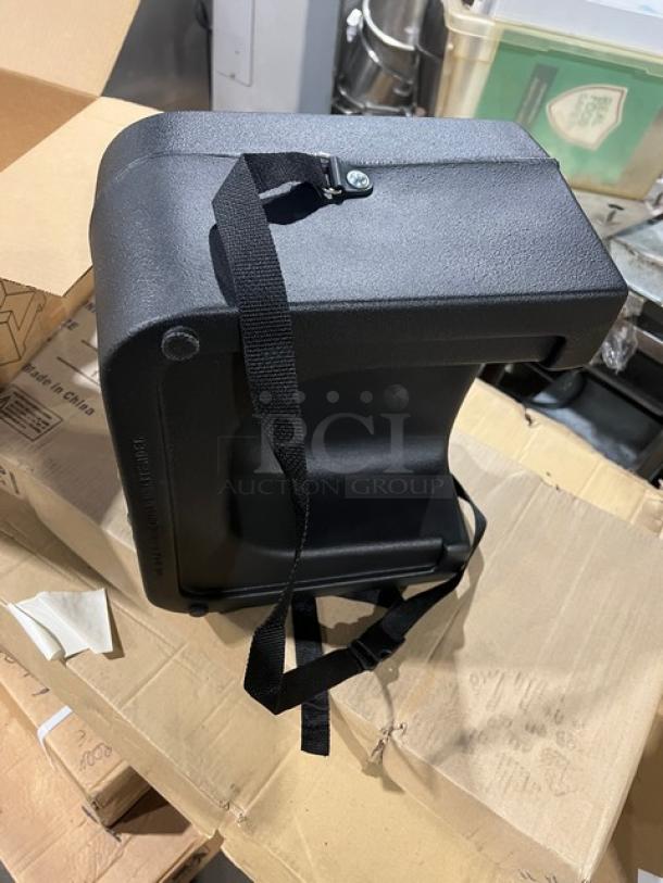 BRAND NEW Carlisle 7114 dual-sided black polypropylene booster seat with safety strap.