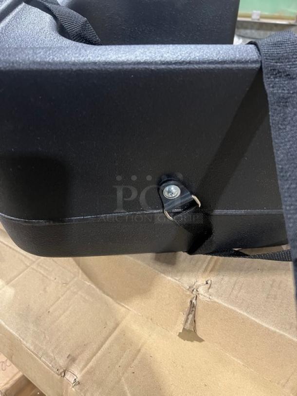 Black Carlisle 7114 polypropylene dual-sided booster seat, brand new with safety strap, commercial-grade.