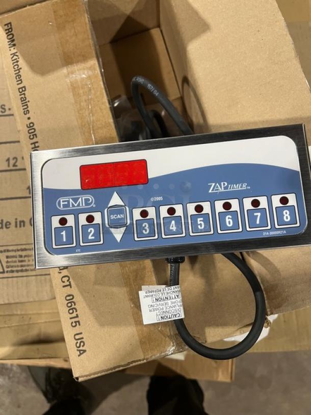 BRAND NEW FAST FMP Series Z080120HFC 8-Product Zap Timer, Stainless Steel, Electric, 120V, Serial: 0BU23821033, pristine condition.