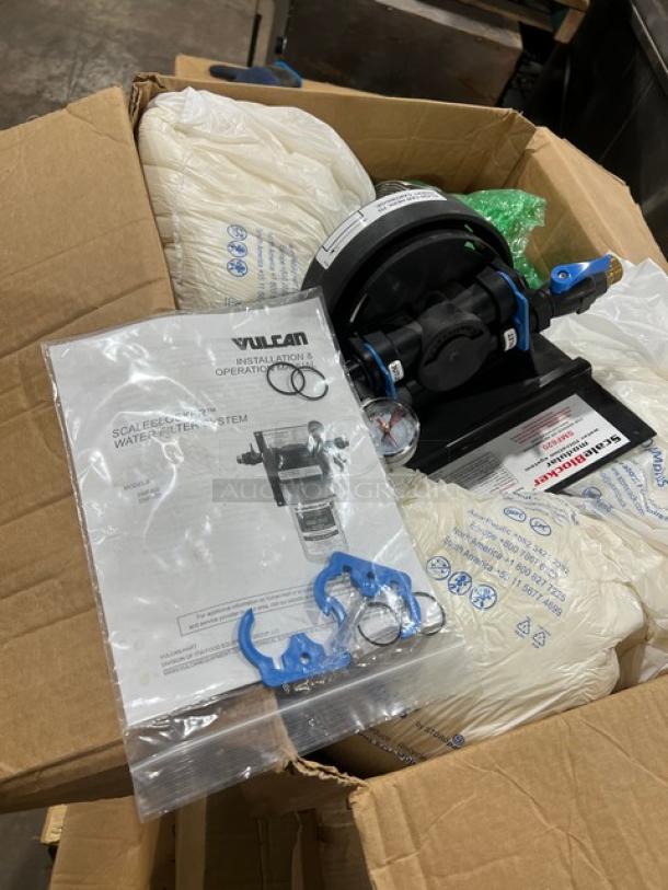 Brand new Vulcan SMF620SYSTEM ScaleBlocker Water Filtration System in box with manuals and installation components.
