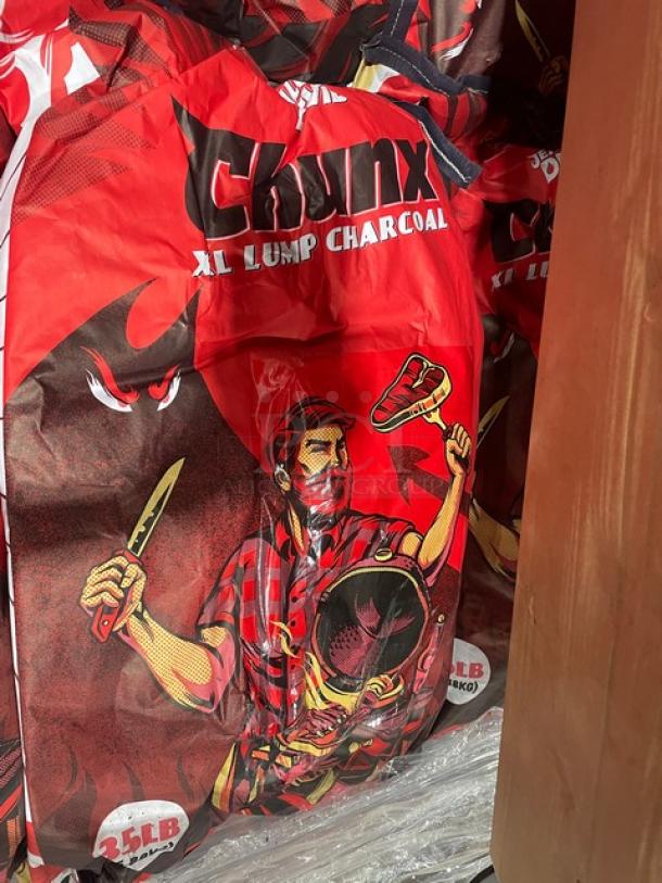 BRAND NEW full pallet of Jealous Devil 35 lb. hardwood lump charcoal bags, vibrant packaging with artwork and logo.