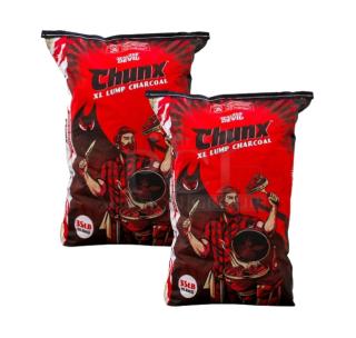 Jealous Devil hardwood lump charcoal, 35 lb bags, all-natural, new condition, vibrant packaging, featuring grill illustration.