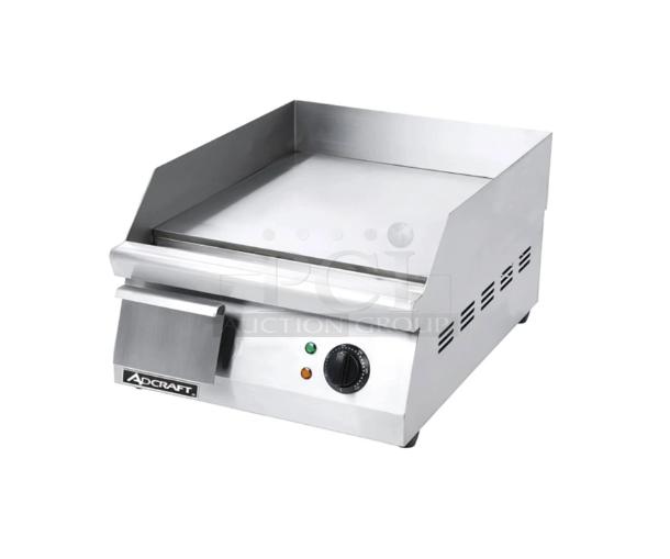 Brand new Adcraft GRID-16 stainless steel electric griddle, 15" wide, with thermostatic control, 3" back and side splash.