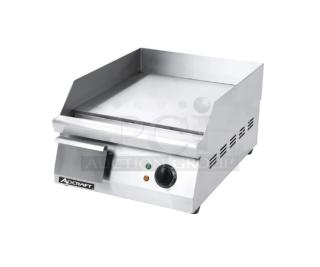 Brand new Adcraft GRID-16 stainless steel electric griddle, 15" wide, with thermostatic control, 3" back and side splash.