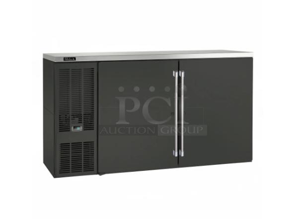 Brand new Perlick BBS60RWNSXH1 60" black two-door back bar refrigerator with stainless steel worktop, commercial-grade.