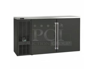 Brand new Perlick 60" black 2-door back bar refrigerator, model BBS60RWNSXH1, with stainless steel worktop.