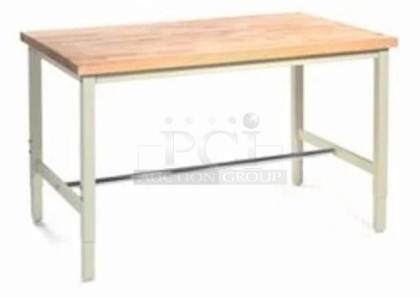 Commercial wooden butcher-block style prep table, 72"x48", new condition, rectangular, on casters for mobility.