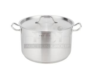 Brand new Vollrath Optio 22 Qt. stainless steel sauce pot with lid, Model 3905. Durable commercial cookware.