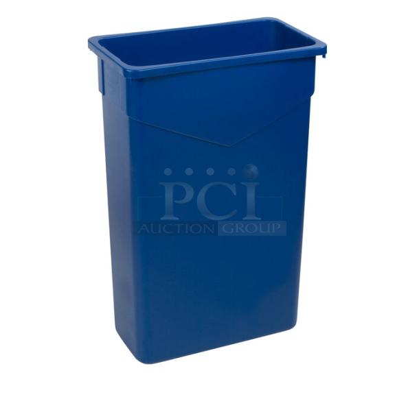 Brand new Carlisle Trimline Series blue 23-gal slim rectangular trash can. Model 34202314. Durable and space-saving design.