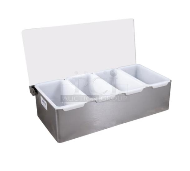 Brand new Adcraft SSCH4 stainless steel condiment holder with four compartments, clear acrylic lid, and white inserts.