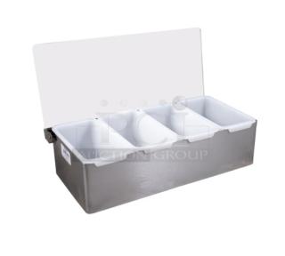 Brand new Adcraft SSCH4 stainless steel condiment holder with four compartments, clear acrylic lid, and white inserts.