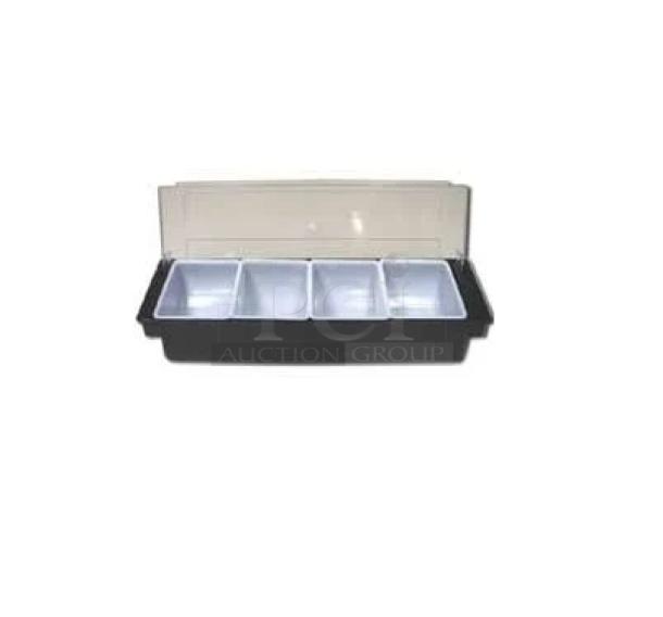 Adcraft DCD-4BK condiment holder, black, 4 compartments, clear polycarbonate lid, includes inserts, brand new.