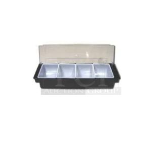 Adcraft DCD-4BK condiment holder, black, 4 compartments, clear polycarbonate lid, includes inserts, brand new.