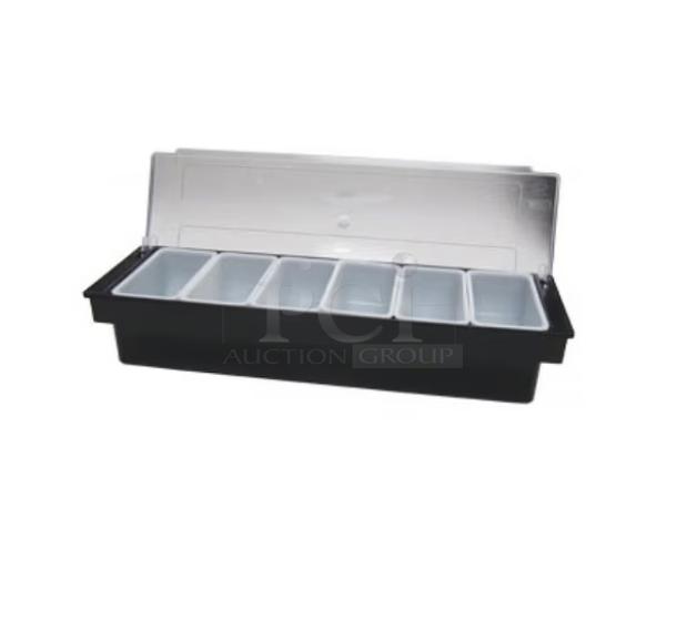 Adcraft DCD6BK commercial condiment holder with six compartments, black base, clear polycarbonate lid, and inserts. Brand new.