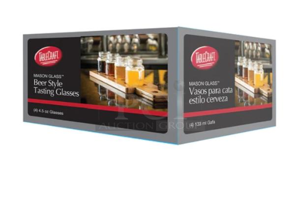 Box of new TableCraft Model FLBEER4, 4.5 oz mason jar beer style tasting glasses, 4 per case, commercial grade.
