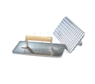 Brand new Vollrath Model 47708 steak weight, chrome-plated steel, waffle-patterned grid, wooden grip handle.