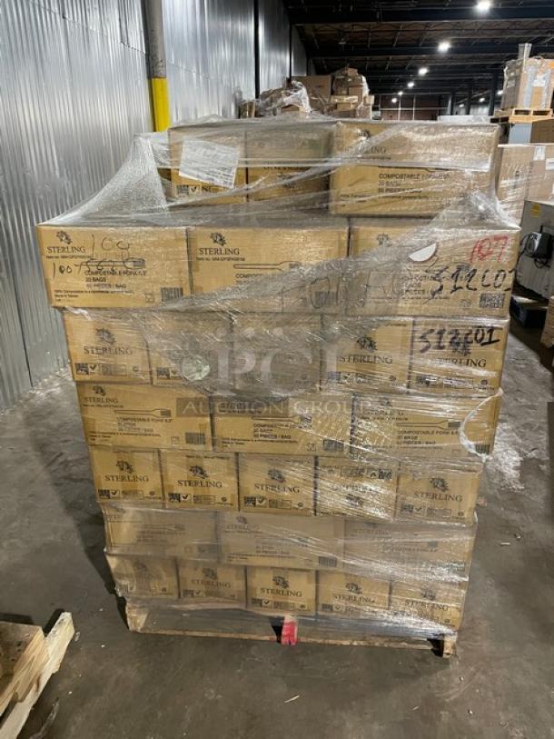 Full pallet of Sterling MM-GP3FK651M 6.5” compostable forks, brand new, 1,000 per case, securely wrapped.