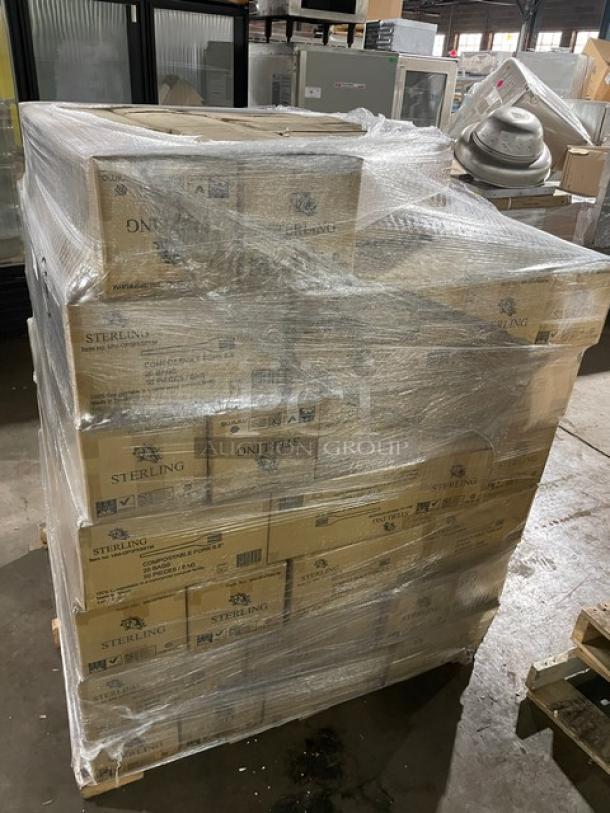 Full pallet of Sterling 6.5” compostable forks, model MMGP3FK651M. Brand new, 1,000 per case, wrapped for shipping.