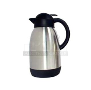 Adcraft FVF2000 stainless steel 68 oz. double wall vacuum flask, brand new, black handle and lid, ideal for commercial use.