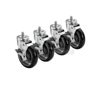Brand new Krowne 5" swivel stem caster set, model 28141S, with 1/2"-13 threading and side brakes, 4 casters per case.