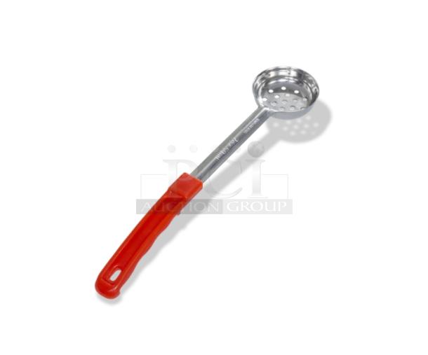 Brand new Crestware 2 oz. perforated portion control spoon, stainless steel, orange grip handle, model SPO2P.