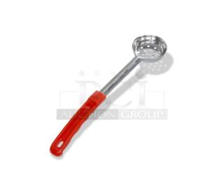 Brand new Crestware 2 oz. perforated portion control spoon, stainless steel, orange grip handle, model SPO2P.