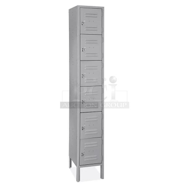 New Scratch-N-Dent Global 6-tier gray powder-coated employee locker with perforated doors, on legs.