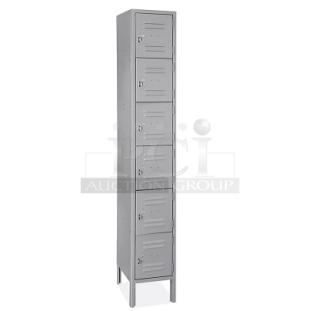 New Scratch-N-Dent Global 6-tier gray powder-coated employee locker with perforated doors, on legs.