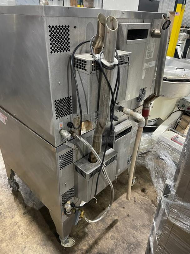 Blodgett HydroVection HV100G/AA stainless steel gas convection oven, double stacked, with wired rack, 115V, 1 phase, on casters.