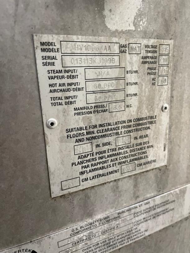 Blodgett HV100G/AA commercial double convection oven label, stainless steel, natural gas, model and serial number visible.