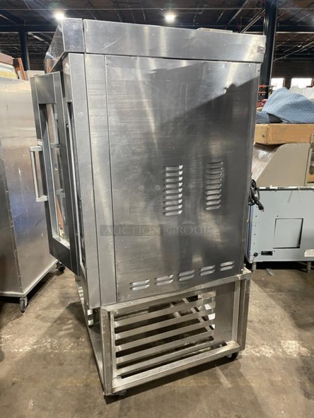 Baxter OV300G stainless steel mini rotating-rack convection oven with digital control, 8-pan capacity, on casters, working condition.