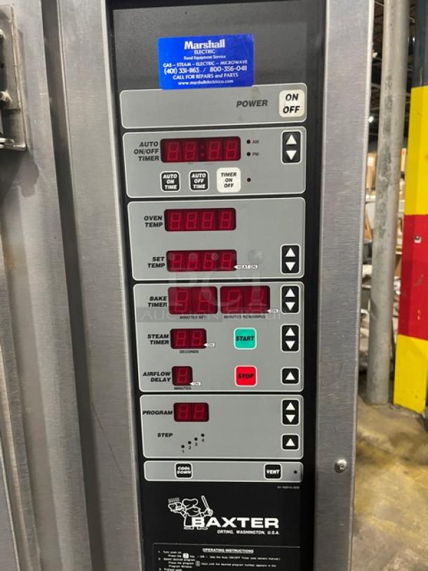 Baxter OV300G stainless steel convection oven with digital controls, rotating rack, open-base stand, on casters.