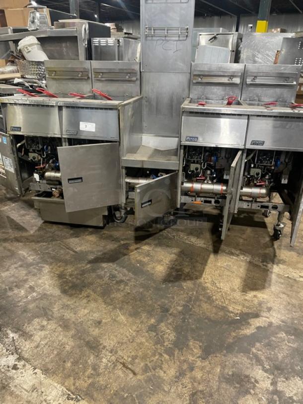 Pitco FG-SGH50 commercial stainless steel 4-bay fryer system with basket hanger, oil filter, and backsplash on casters.