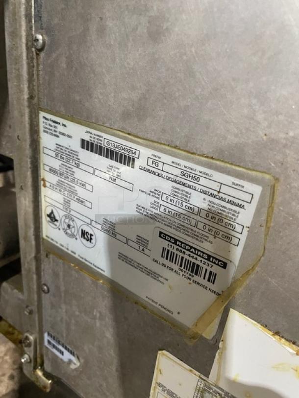 Pitco FG-SGH50 fryer system label showing model, SN G13JE049284, 115V, natural gas, NSF certified, with repair info.