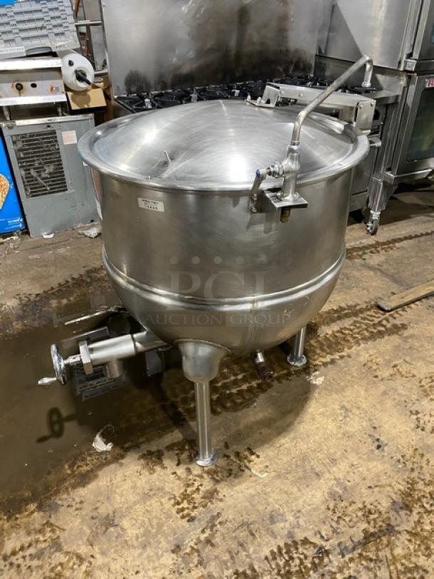 Groen FT-80 80 gal. stainless steel steam kettle, natural gas powered, on legs, with visible serial number 72285.