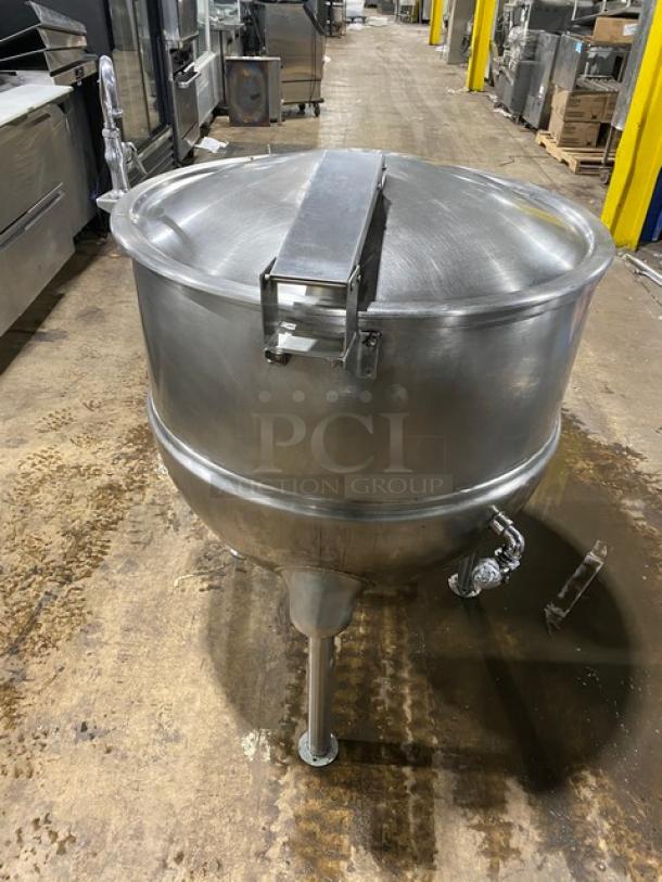 Groen FT-80 commercial 80-gal. stainless steel steam kettle, natural gas, on legs. Serial No. 72285.