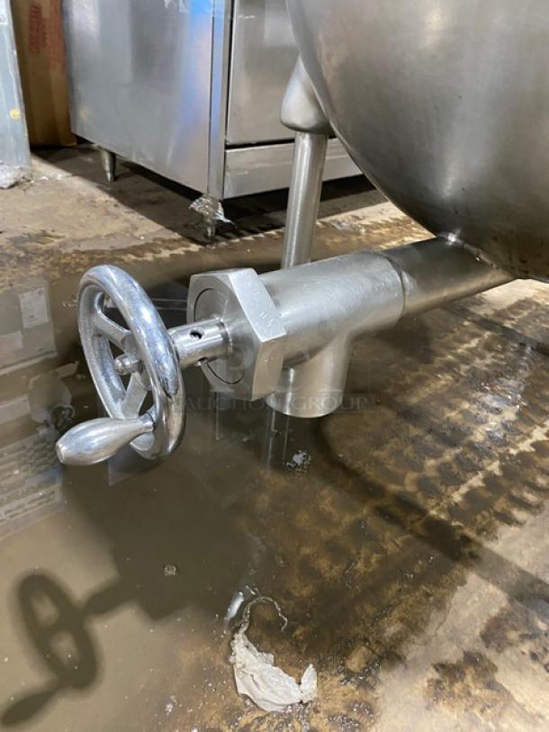 Groen FT80 80 Gal. Stainless Steel Steam Kettle, Natural Gas, on Legs, visible valve, SN: 72285, commercial use.