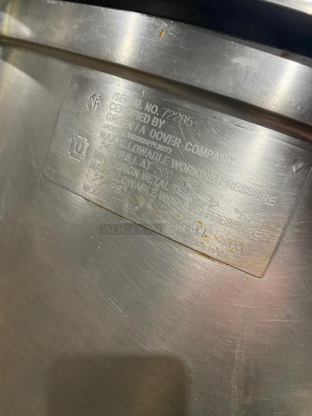 Groen FT80 commercial stainless steel steam kettle, 80 gal, natural gas, on legs, serial no. 72285, label visible.