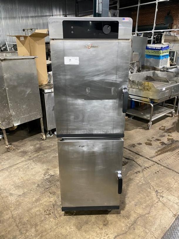 Alto-Shaam 2022 Halo Heat commercial stainless steel oven, model 1200-TH, half door, on casters, with wired rack and simple controls.