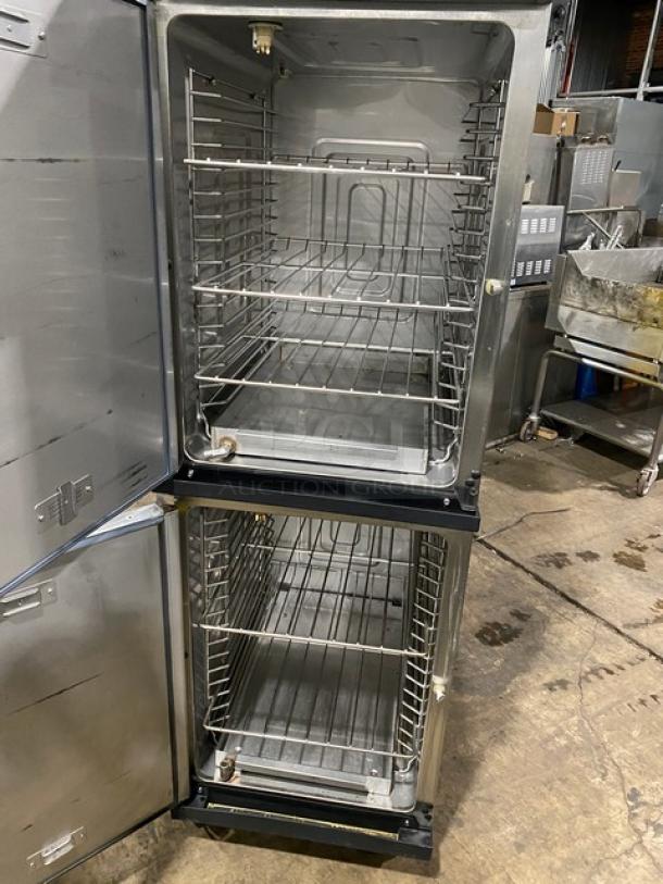 Alto-Shaam 1200-TH Halo Heat Cook-N-Hold Oven, stainless steel, 2022 model, full height, wired racks, simple controls, on casters.