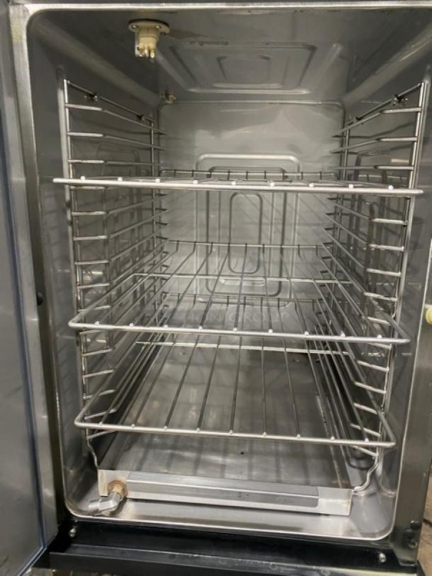 Alto-Shaam Halo Heat 1200-TH commercial oven, stainless steel, half-door, wired rack, 1-phase, casters, model 1200TH.