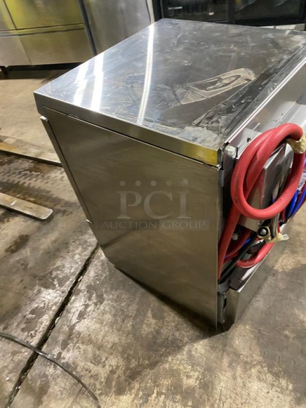 Hobart Advansys LXNR commercial stainless steel undercounter dishwasher, side view. Includes peg rack, Energy Star certified.