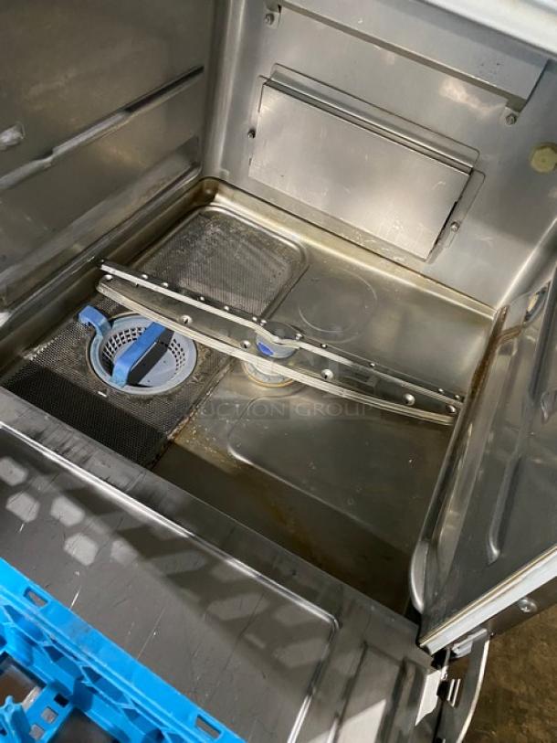 Hobart Advansys LXNR undercounter dishwasher, stainless steel, high-temperature, Energy Star certified, with peg rack.