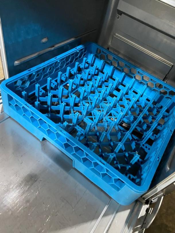 Hobart Advansys LXNR dishwasher with blue peg rack, stainless steel interior, Energy Star certified, 120/208V 1 phase.