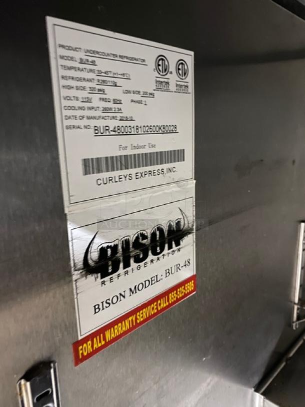 Bison Commercial Stainless Steel 2 Door Undercounter Refrigerator, Model BUR-48, Serial BUR-4800318102600K80028, on casters.