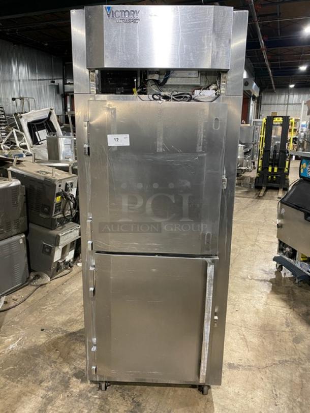 Victory UltraSpec Series stainless steel electric reach-in freezer, model FS-1D-S1-EWHDHC18RC, two solid half doors.