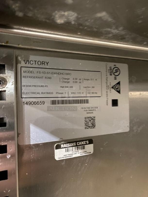 Victory UltraSpec SS Electric Freezer, Model FS-1D-S1-EWHDHC18RC, label showing specs and unit info.